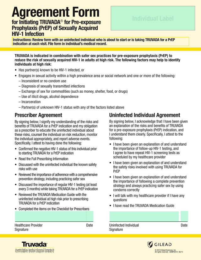 Agreement Form For Initiating TRUVADA For Pre Exposure Prophylaxis (PrEP) Of Sexually Acquired HIV 1 screenshot