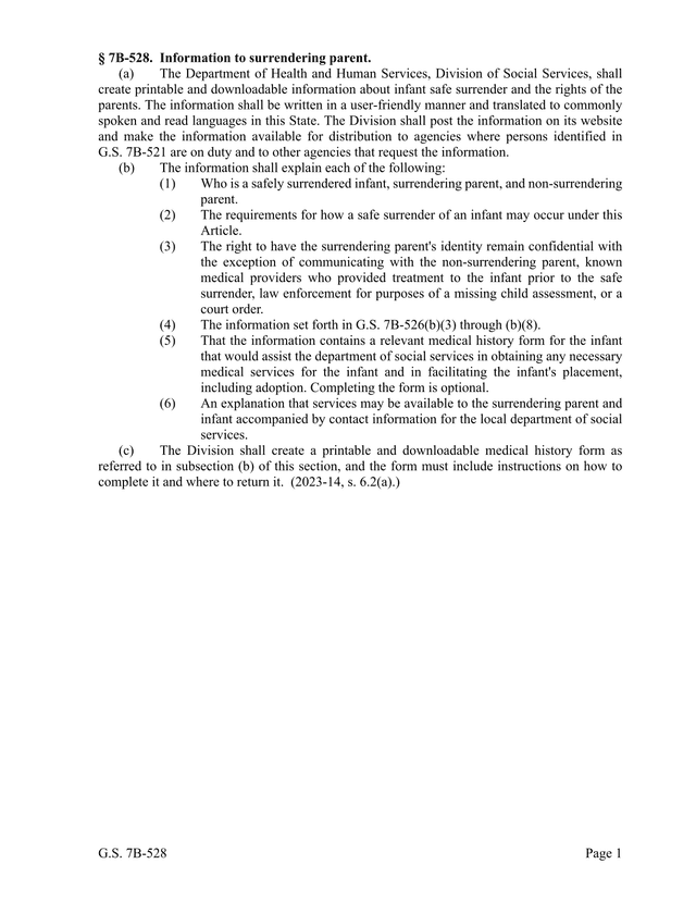 G.S. 7B 528 Infant Safe Surrender Information screenshot