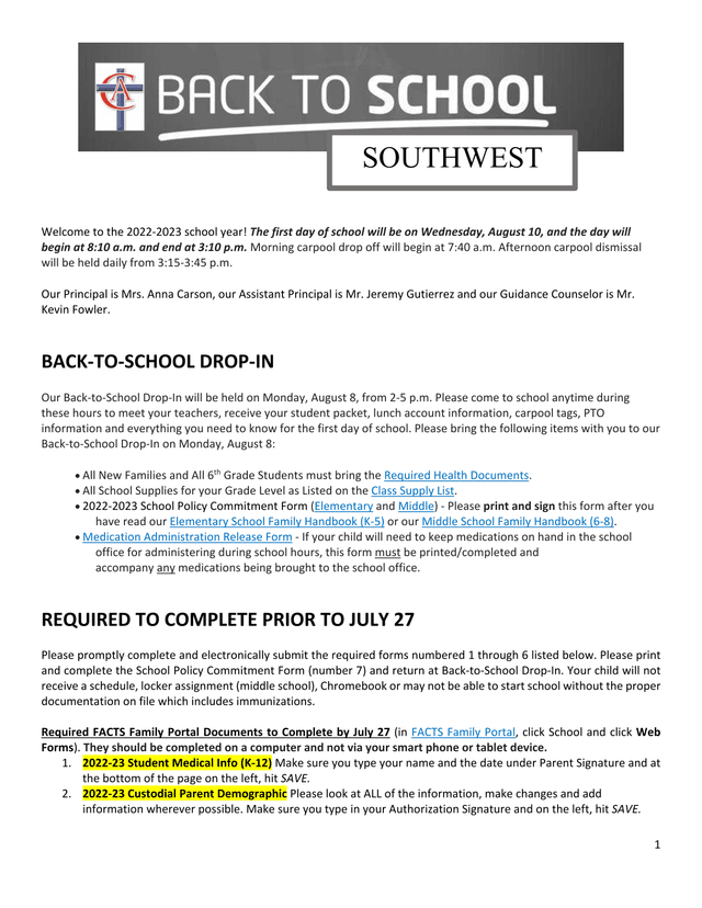 School Year Welcome Packet 2022 2023 screenshot