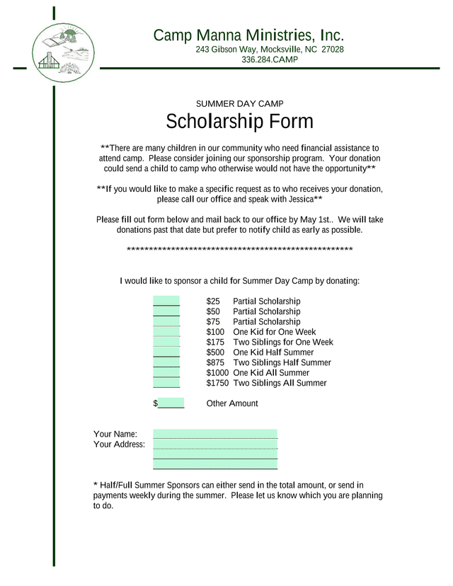 Summer Day Camp Scholarship Form screenshot