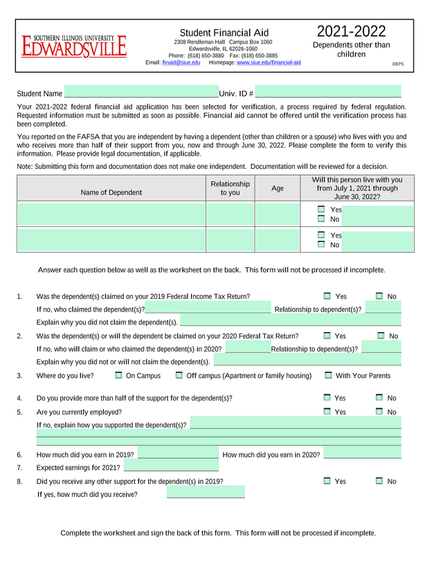 Dependent Verification Form screenshot