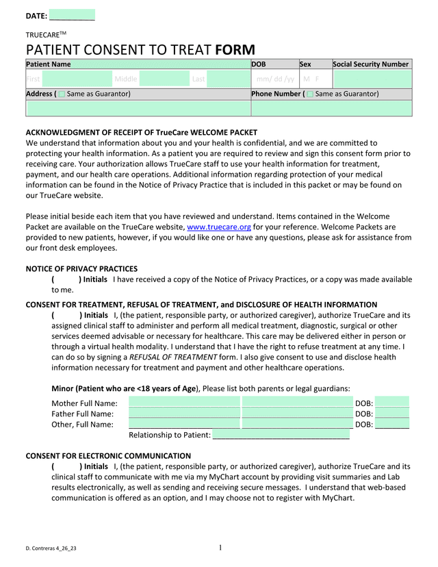 TRUECARETM PATIENT CONSENT TO TREAT FORM screenshot