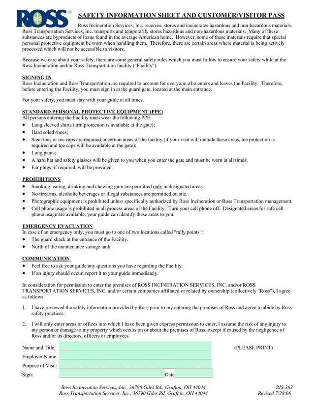 Safety Information Sheet And CustomerVisitor Pass screenshot