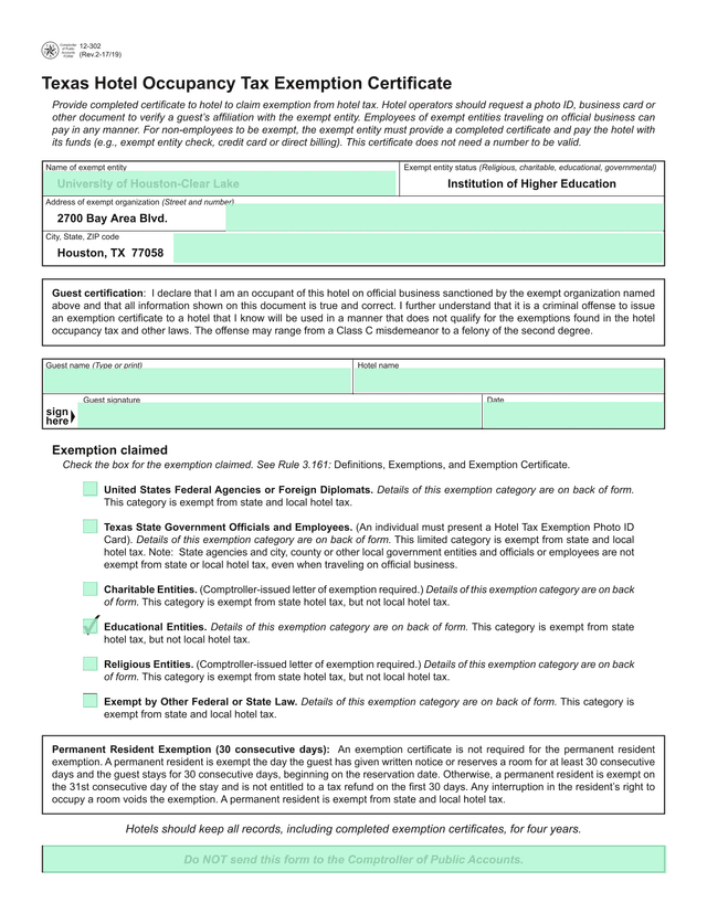 Permanent Resident Exemption Form screenshot