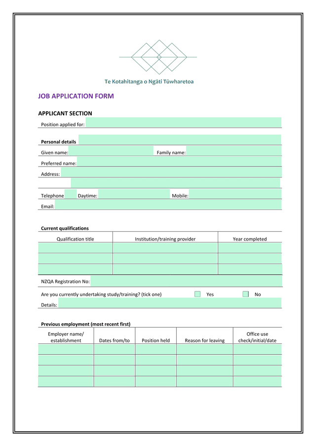 Te Kotahitanga O Ngti Twharetoa JOB APPLICATION FORM screenshot