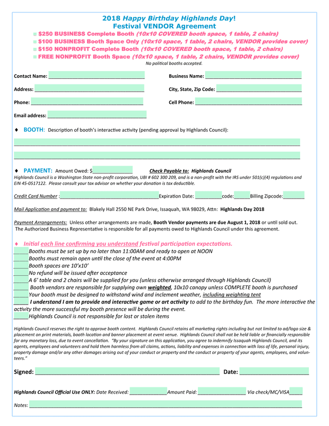 Happy Birthday Highlands Day Festival VENDOR Agreement screenshot