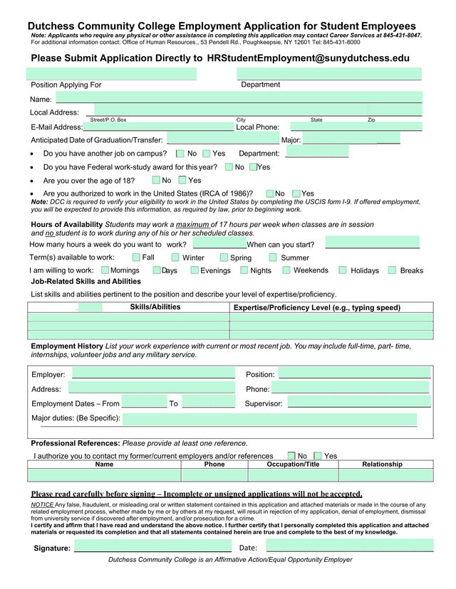 Dutchess Community College Employment Application For Student Employees screenshot