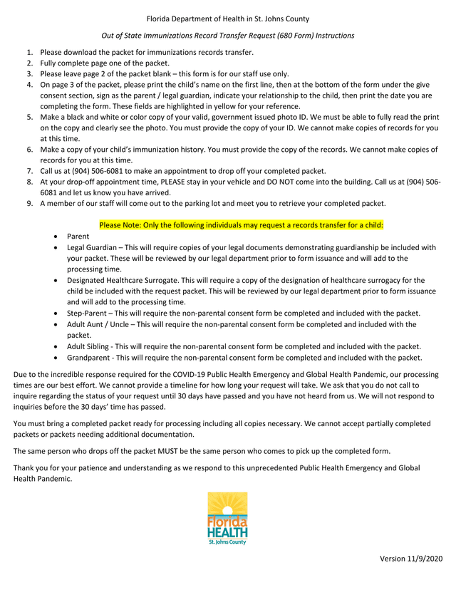 Out Of State Immunizations Record Transfer Request (680 Form) Instructions screenshot