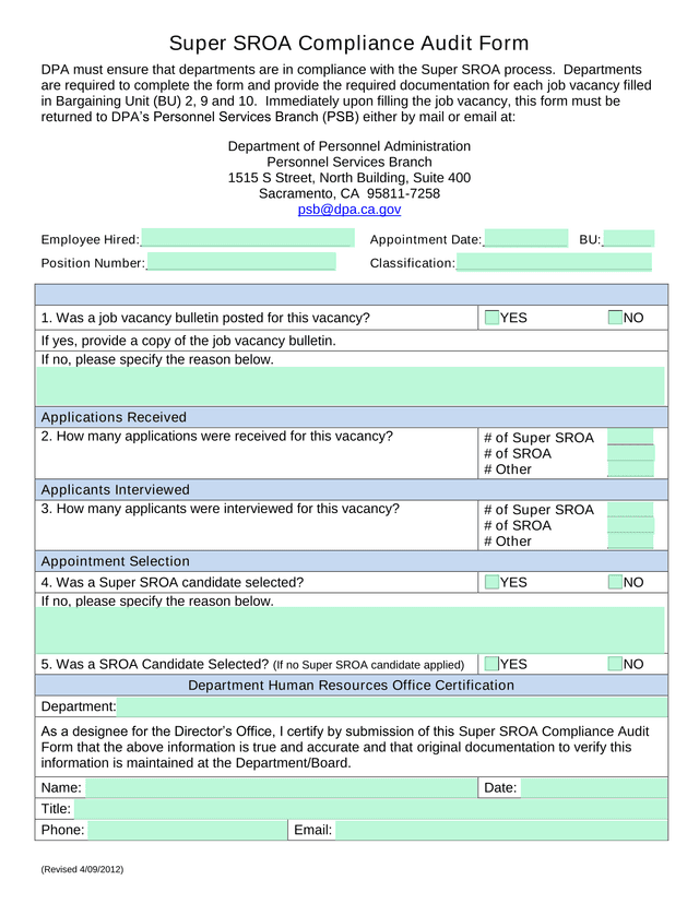 Job Vacancy Bulletin Super SROA Compliance Audit Form screenshot