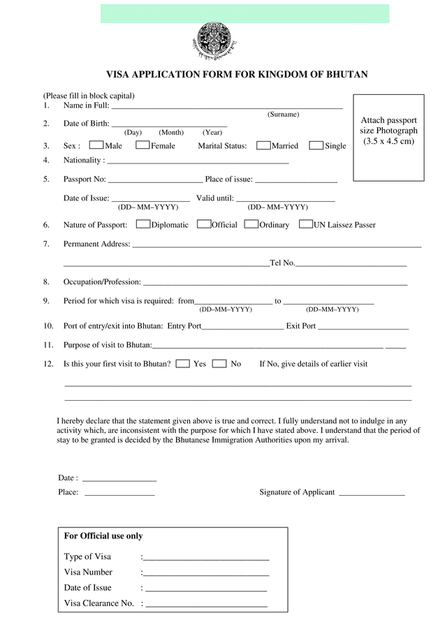 VISA APPLICATION FORM FOR KINGDOM OF BHUTAN screenshot