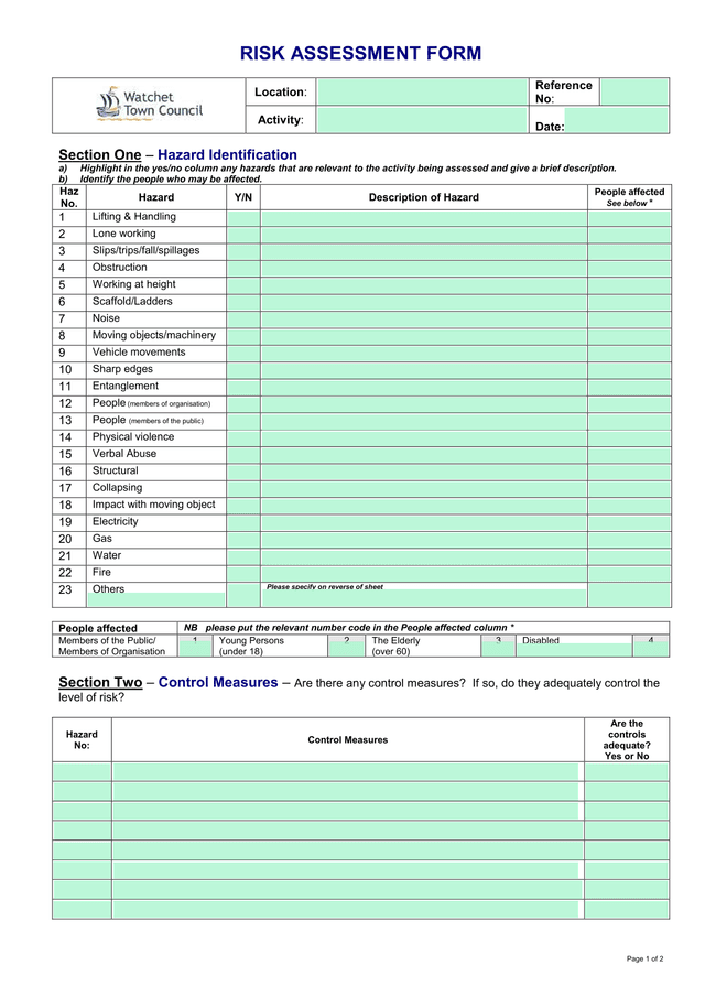 RISK ASSESSMENT FORM screenshot