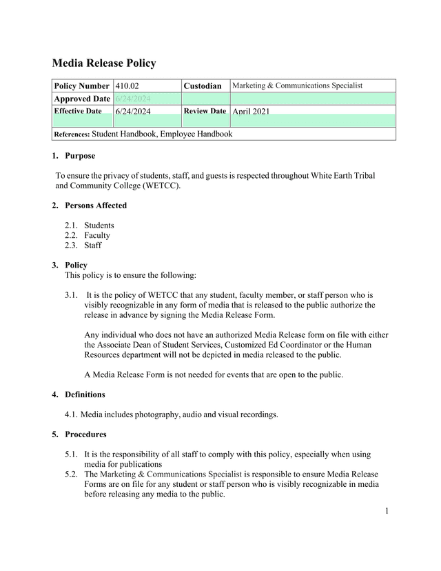 Media Release Policy screenshot