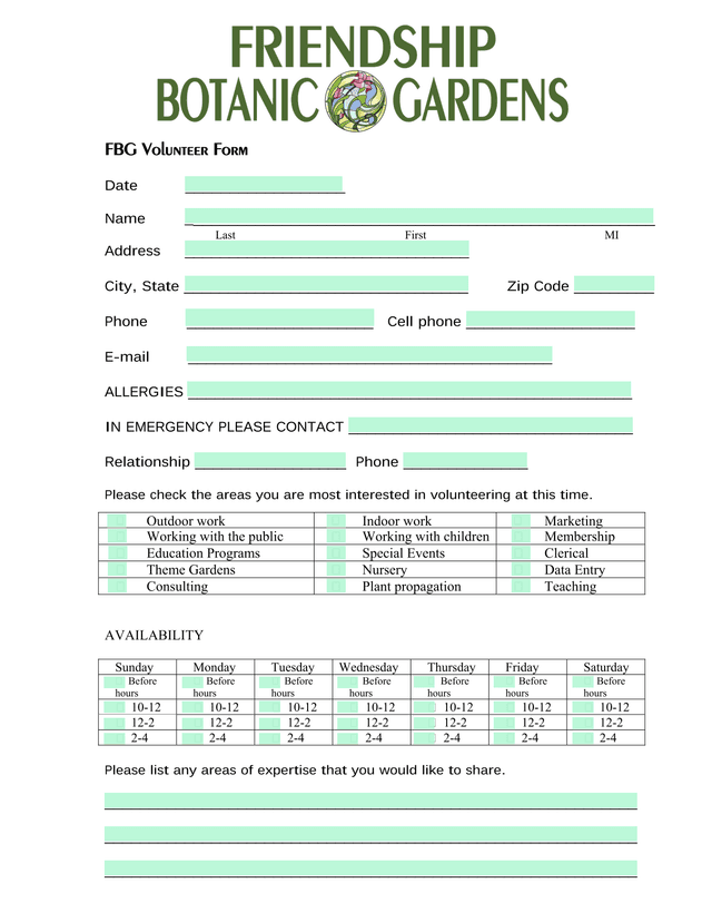 FBG Volunteer Form screenshot