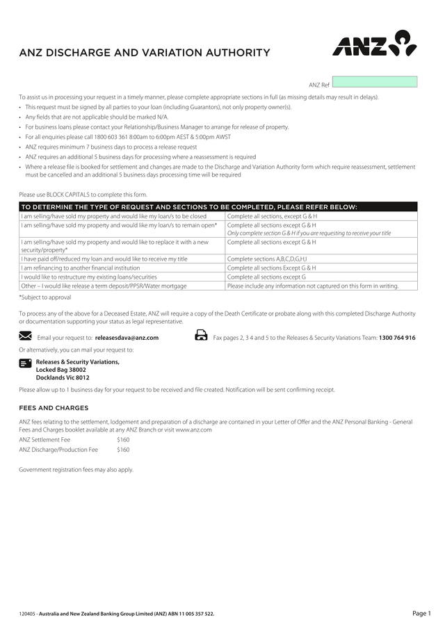 ANZ Discharge And Variation Authority Form screenshot