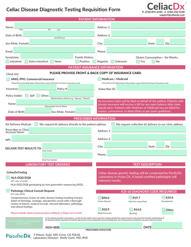 Celiac Disease Diagnostic Testing Requisition Form screenshot