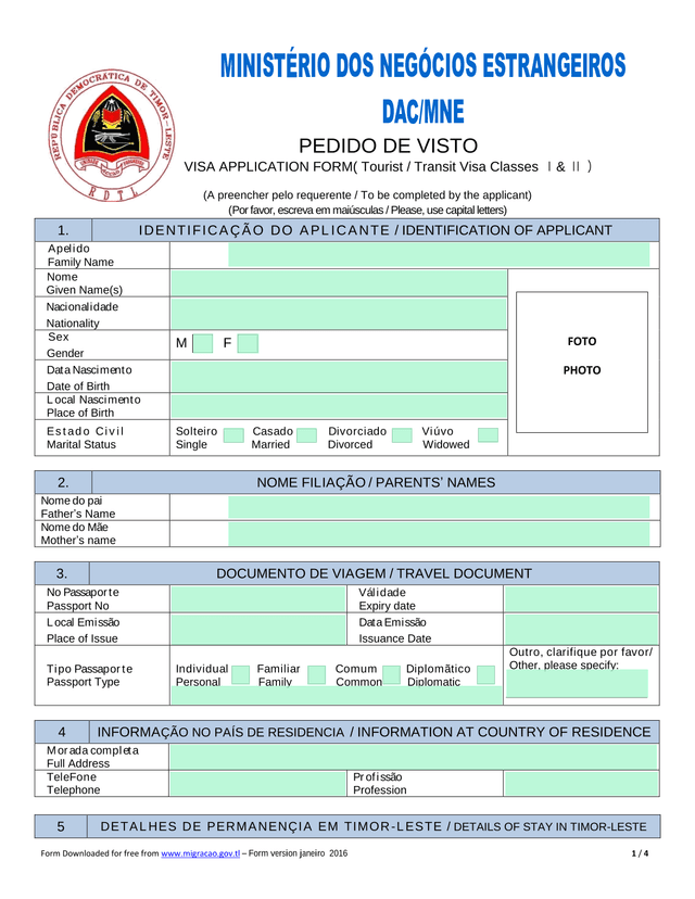 PEDIDO DE VISTO (Visa Application Form) screenshot