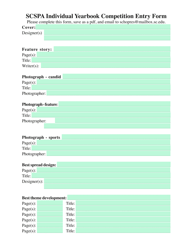 SCSPA Individual Yearbook Competition Entry Form screenshot