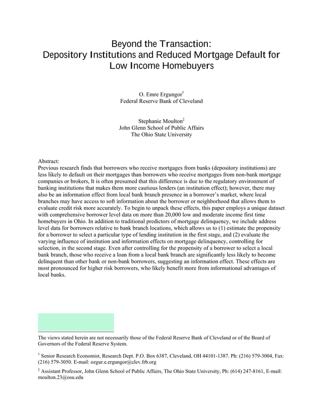 Beyond The Transaction Depository Institutions And Reduced Mortgage Default For Low Income Homebuyer screenshot