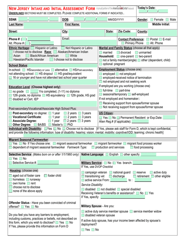 NEW JERSEY INTAKE AND INITIAL ASSESSMENT FORM screenshot
