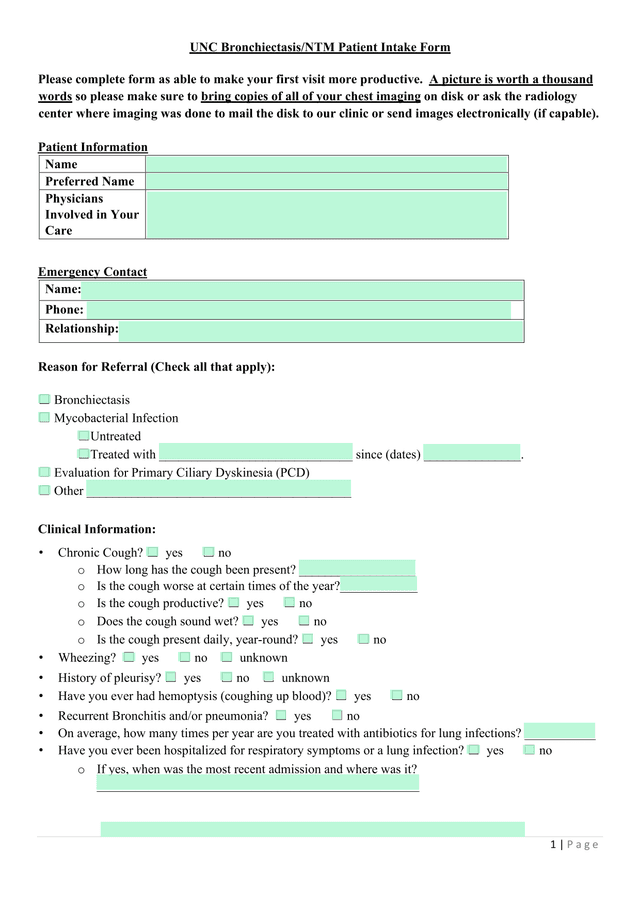 UNC BronchiectasisNTM Patient Intake Form screenshot
