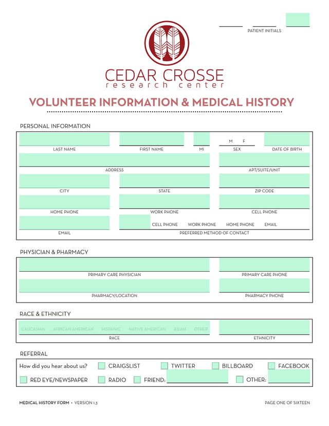 MEDICAL HISTORY FORM screenshot