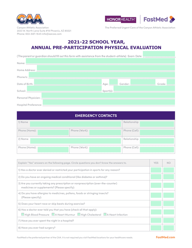Annual Pre Participation Physical Evaluation screenshot