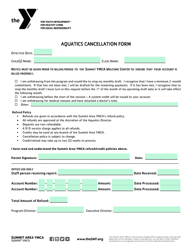 Aquatics Cancellation Form screenshot