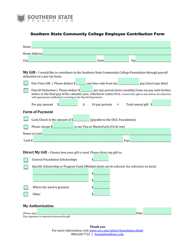 Southern State Community College Employee Contribution Form screenshot