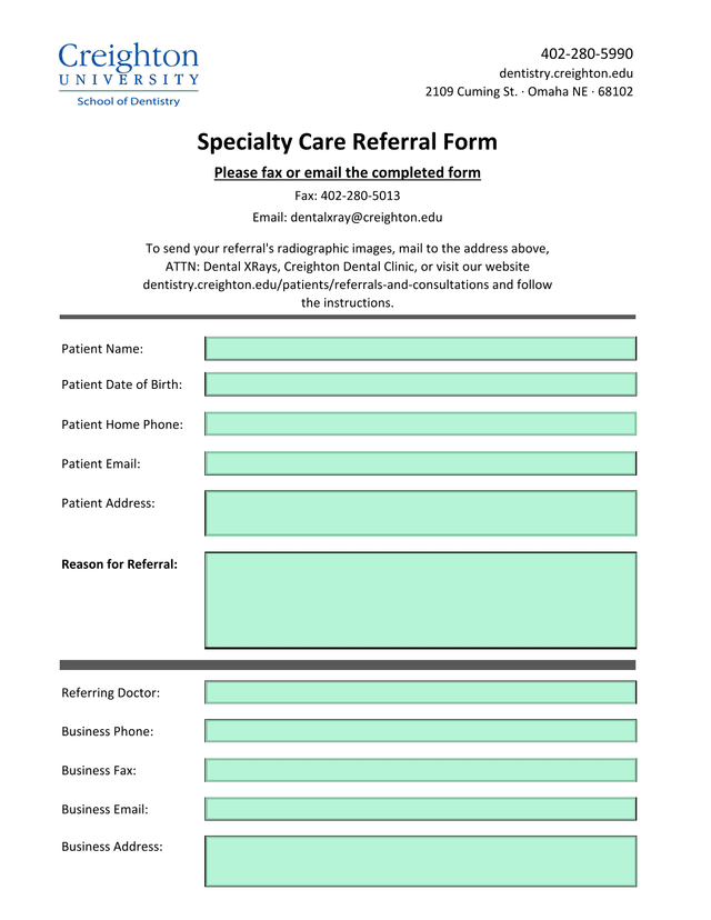 Specialty Care Referral Form screenshot