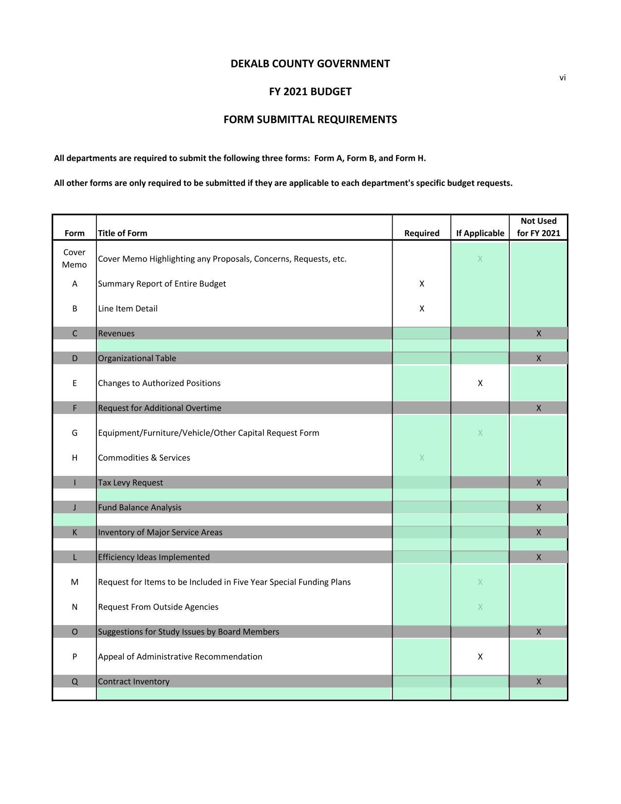 DeKalb County Government FY 2021 Budget Form Submittal Requirements screenshot
