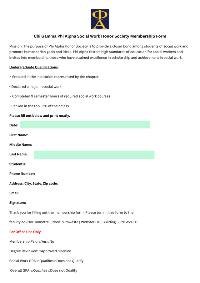 Chi Gamma Phi Alpha Social Work Honor Society Membership Form screenshot