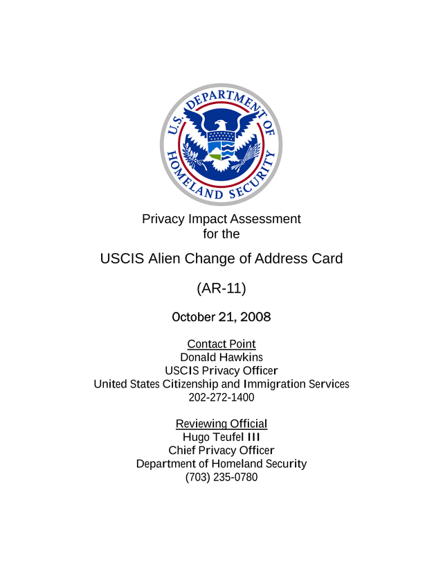 Privacy Impact Assessment For The USCIS Alien Change Of Address Card (AR 11) screenshot