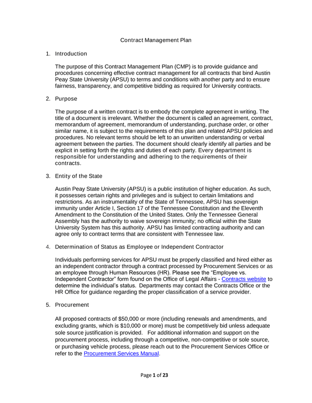 Contract Management Plan screenshot