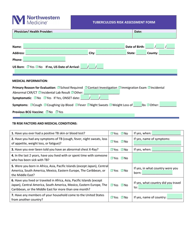 TUBERCULOSIS RISK ASSESSMENT FORM screenshot