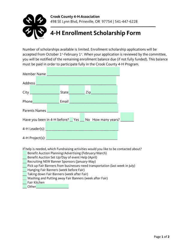 4 H Enrollment Scholarship Form screenshot