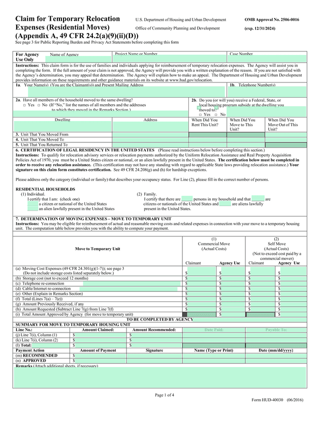 Claim For Temporary Relocation Expenses (Residential Moves) screenshot