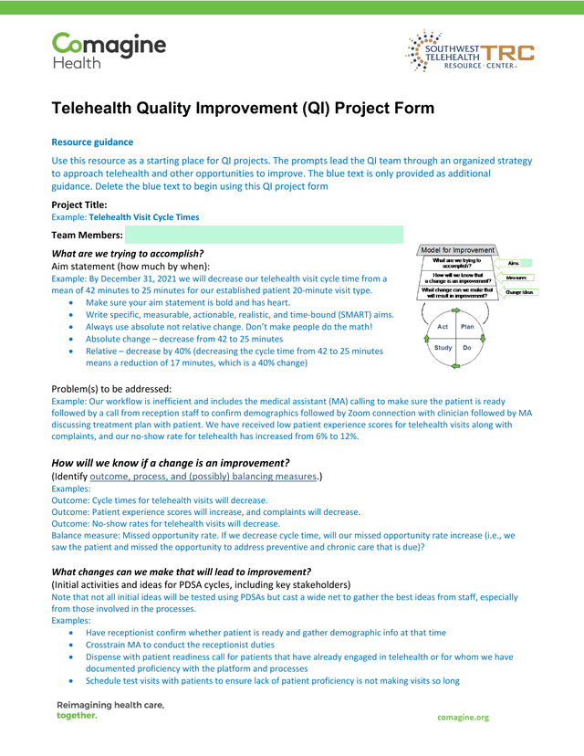 Telehealth Quality Improvement (QI) Project Form screenshot