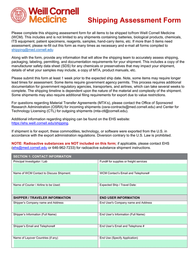 Shipping Assessment Form screenshot