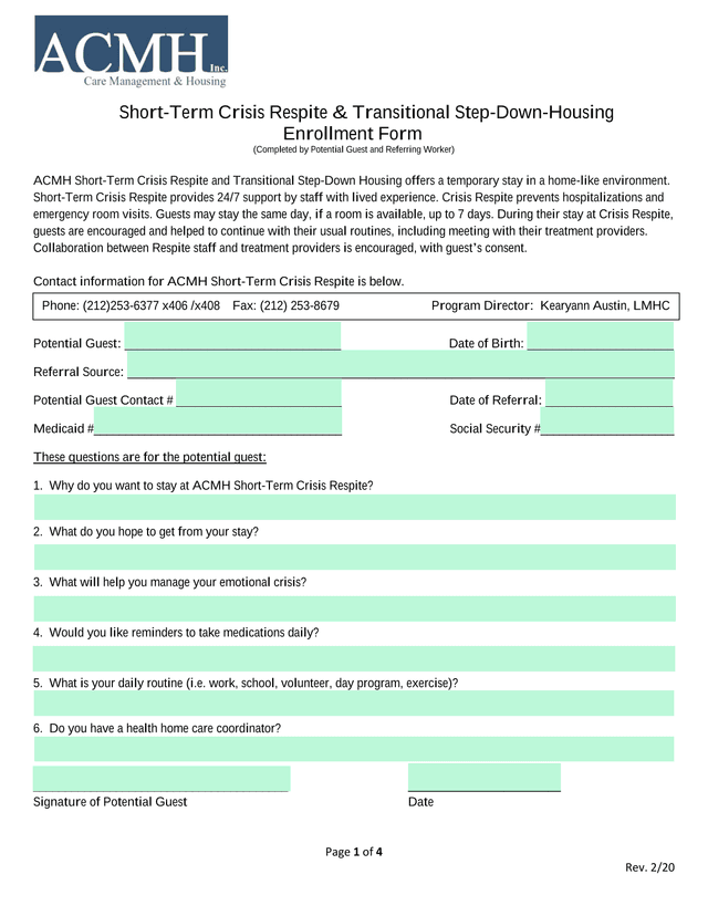 Short Term Crisis Respite  Transitional Step Down Housing Enrollment Form screenshot