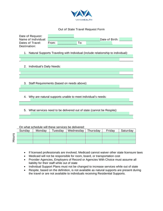 Out Of State Travel Request Form screenshot
