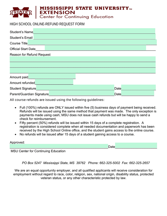 HIGH SCHOOL ONLINE REFUND REQUEST FORM screenshot