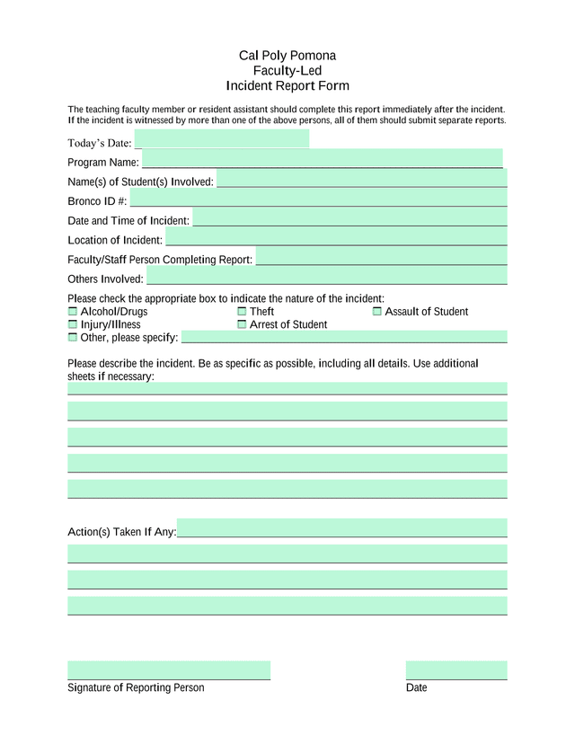 Faculty Led Incident Report Form screenshot