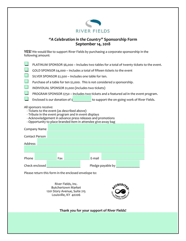 A Celebration In The Country Sponsorship Form screenshot