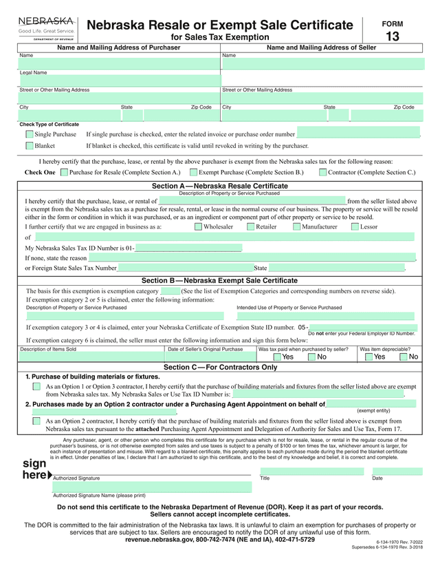 Nebraska Resale Or Exempt Sale Certificate screenshot