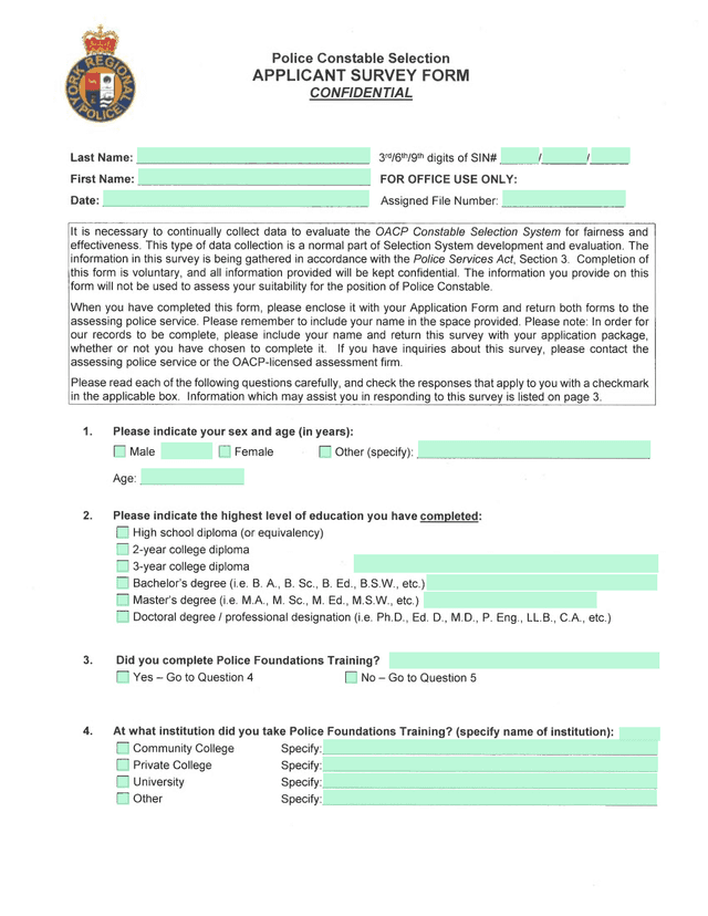 Police Constable Selection Applicant Survey Form screenshot