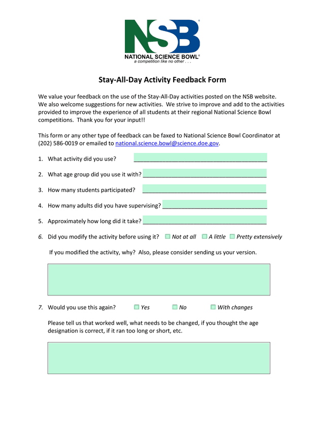 Stay All Day Activity Feedback Form screenshot