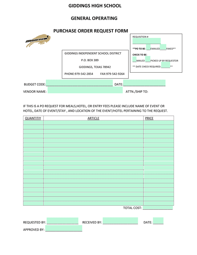 Purchase Order Request Form screenshot