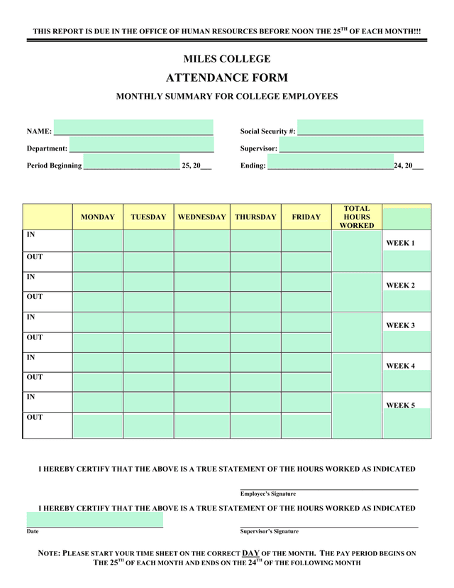 MILES COLLEGE ATTENDANCE FORM screenshot