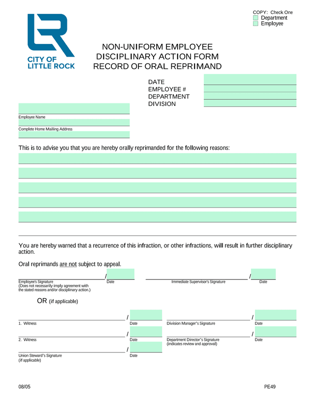 NON UNIFORM EMPLOYEE DISCIPLINARY ACTION FORM screenshot