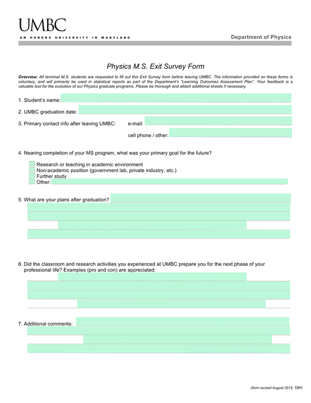 Physics M.S. Exit Survey Form screenshot
